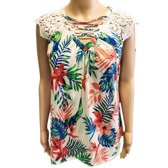 EUC NEW YORK LAUNDRY TROPICAL FLORAL RAW HEMLINE LACE SLEEVES POLYESTER TOP XL - Picture 1 of 10